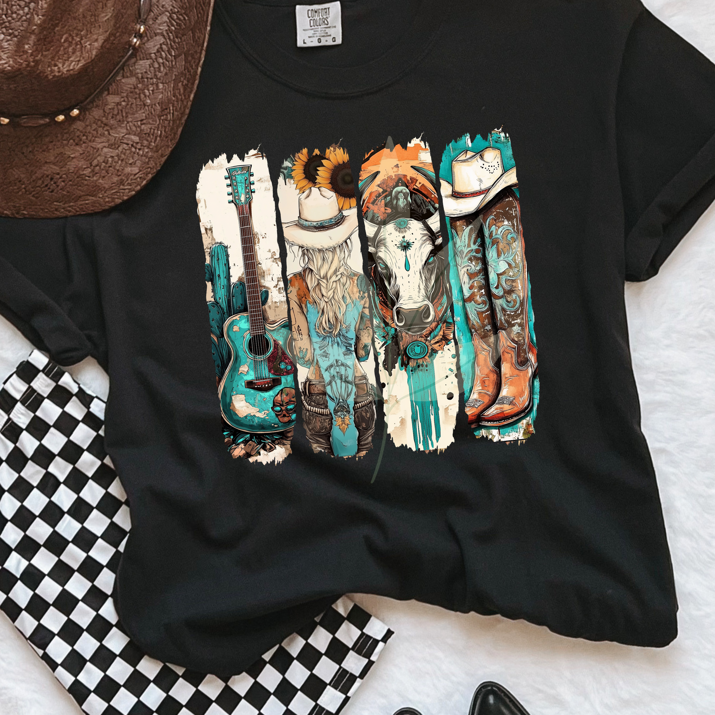 Brushstroke Teal Guitar Cowgirl Cow Boots