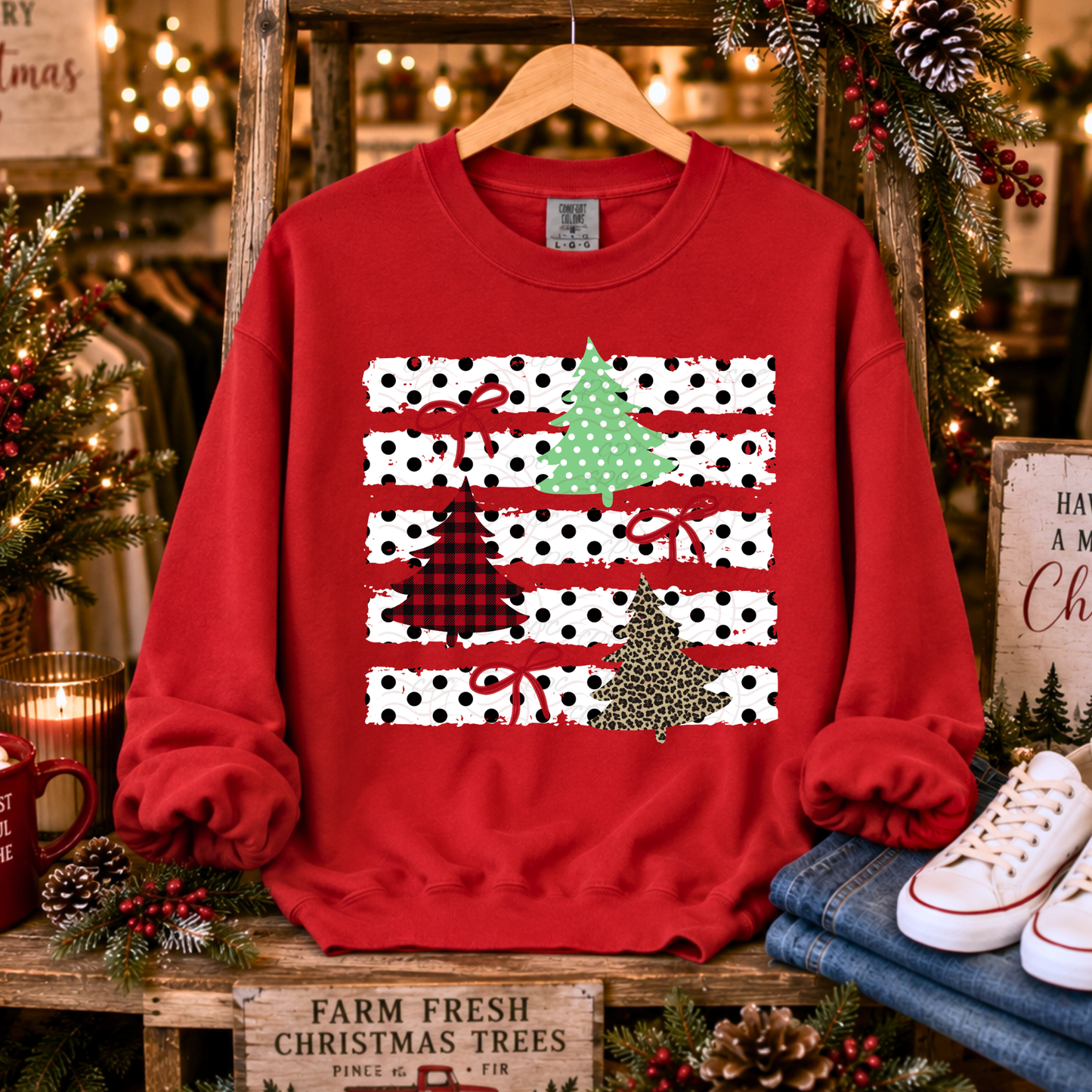 Dotted Stripes Christmas Trees And Bows