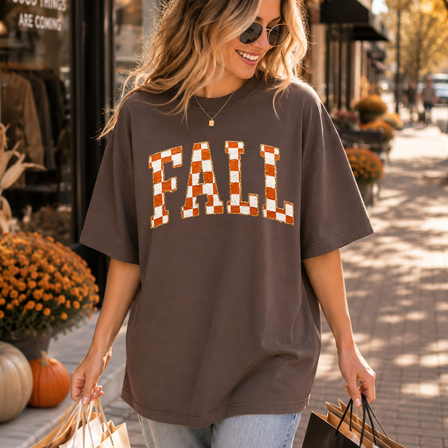Orange And White Checkered Handpainted Fall