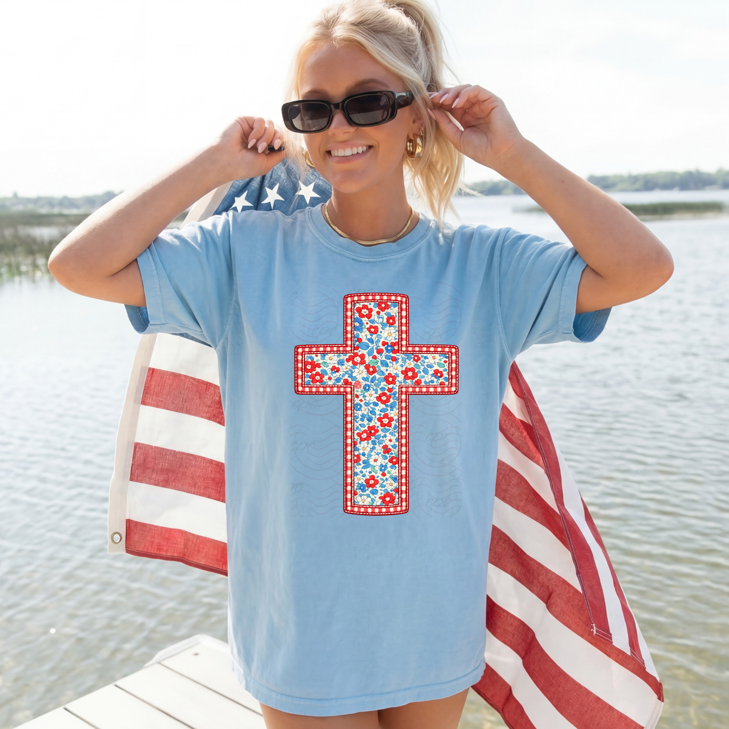 Red White Blue Floral Cross