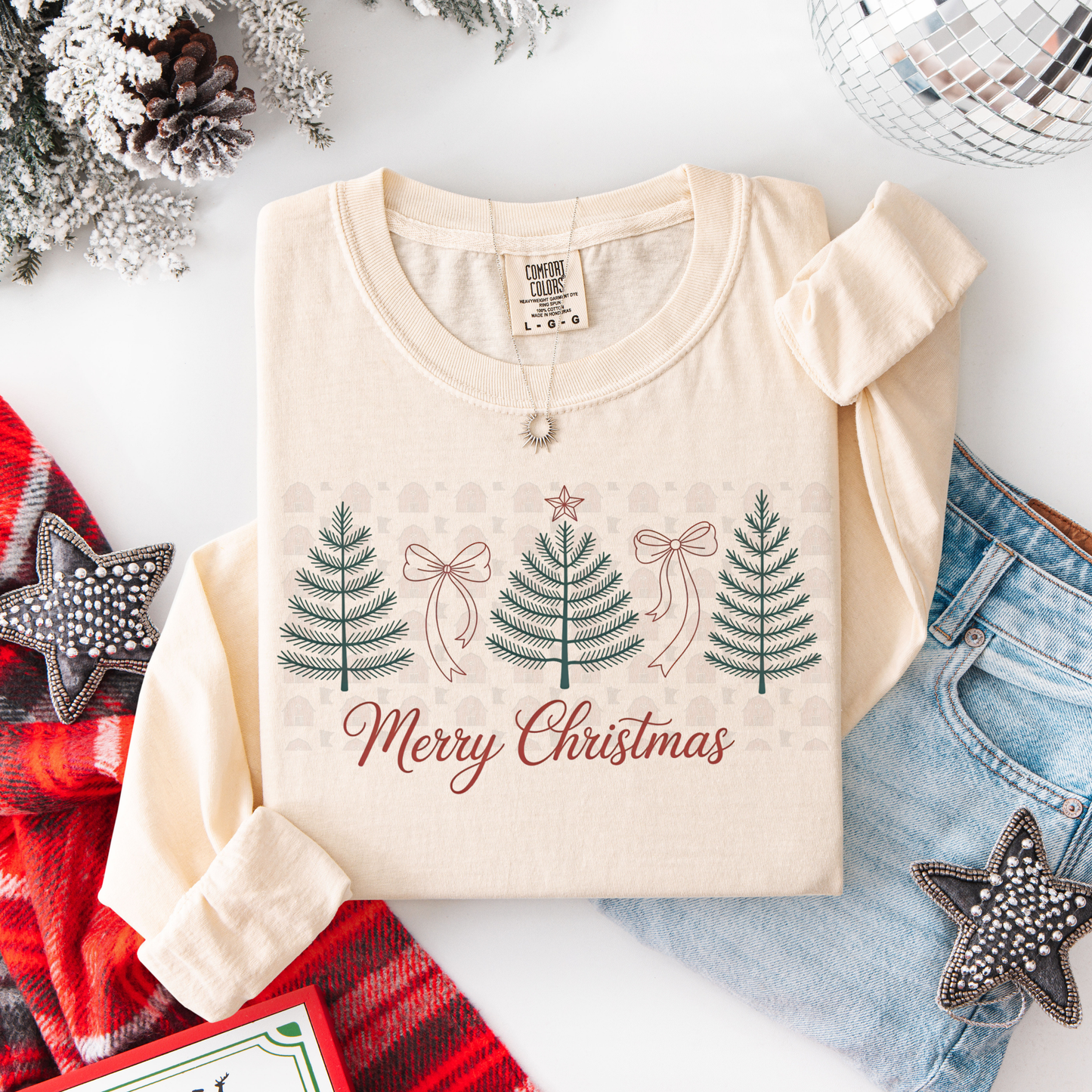 Simple Pine Trees And Bows Merry Christmas