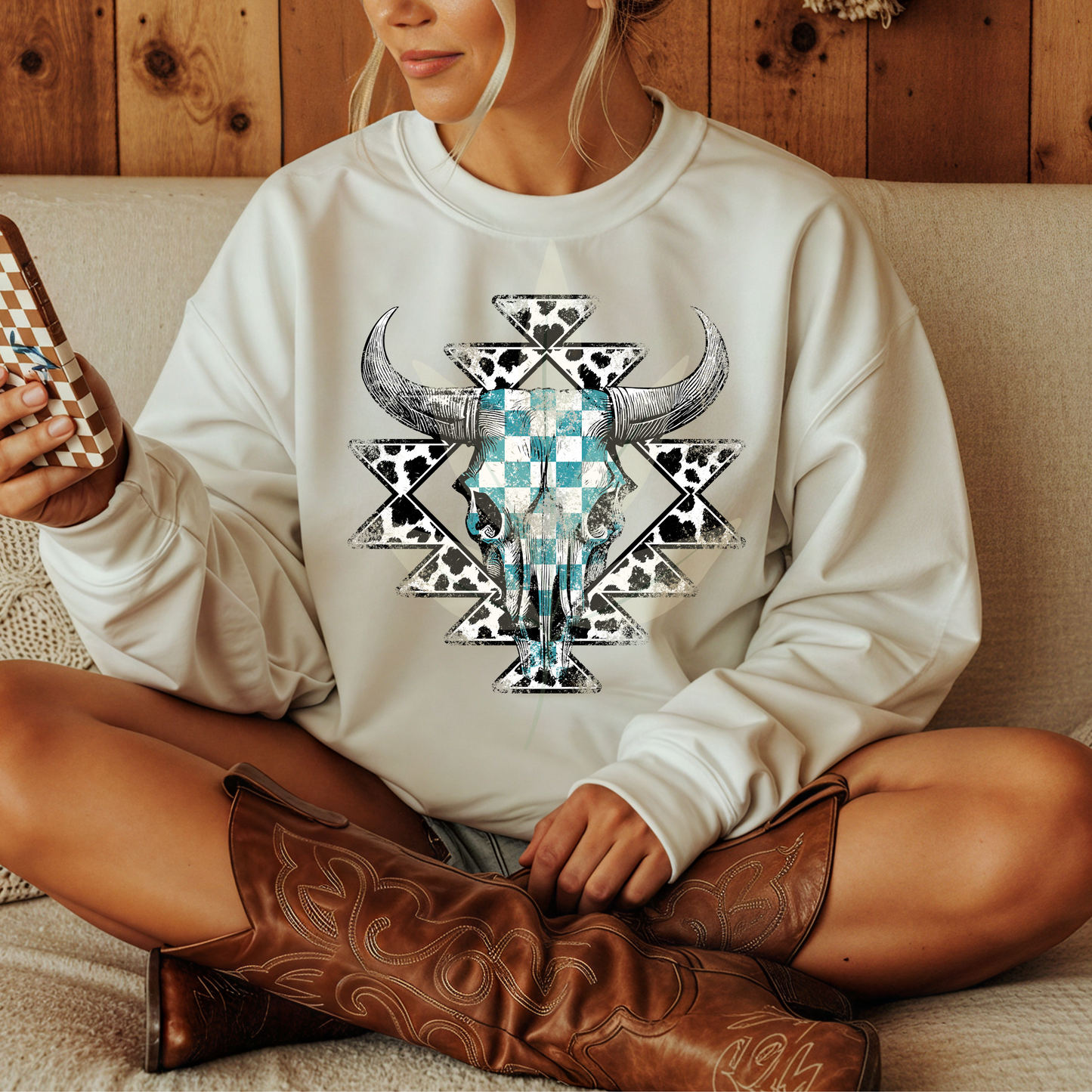 Aztec Teal Leopard Checkered Cow Skull