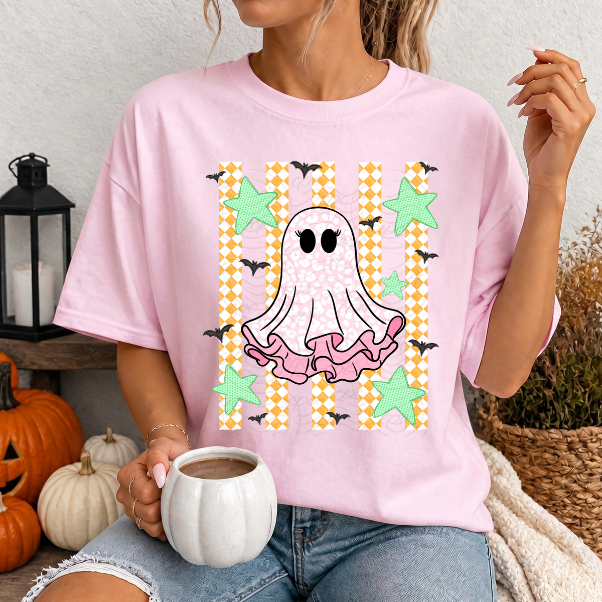 Yellow Check Stripes Cute Ghost