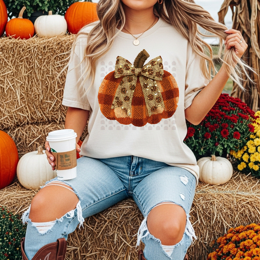 Fall Plaid Pumpkin Bow Yarn Sequin Appearance