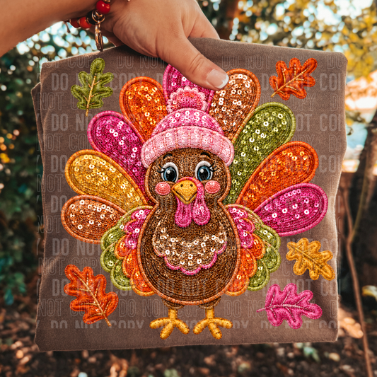 Fall Sequin Turkey With Pink Hat