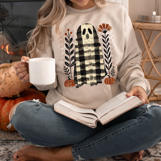 Boho Checkered Ghost With Flowers And Pumpkins