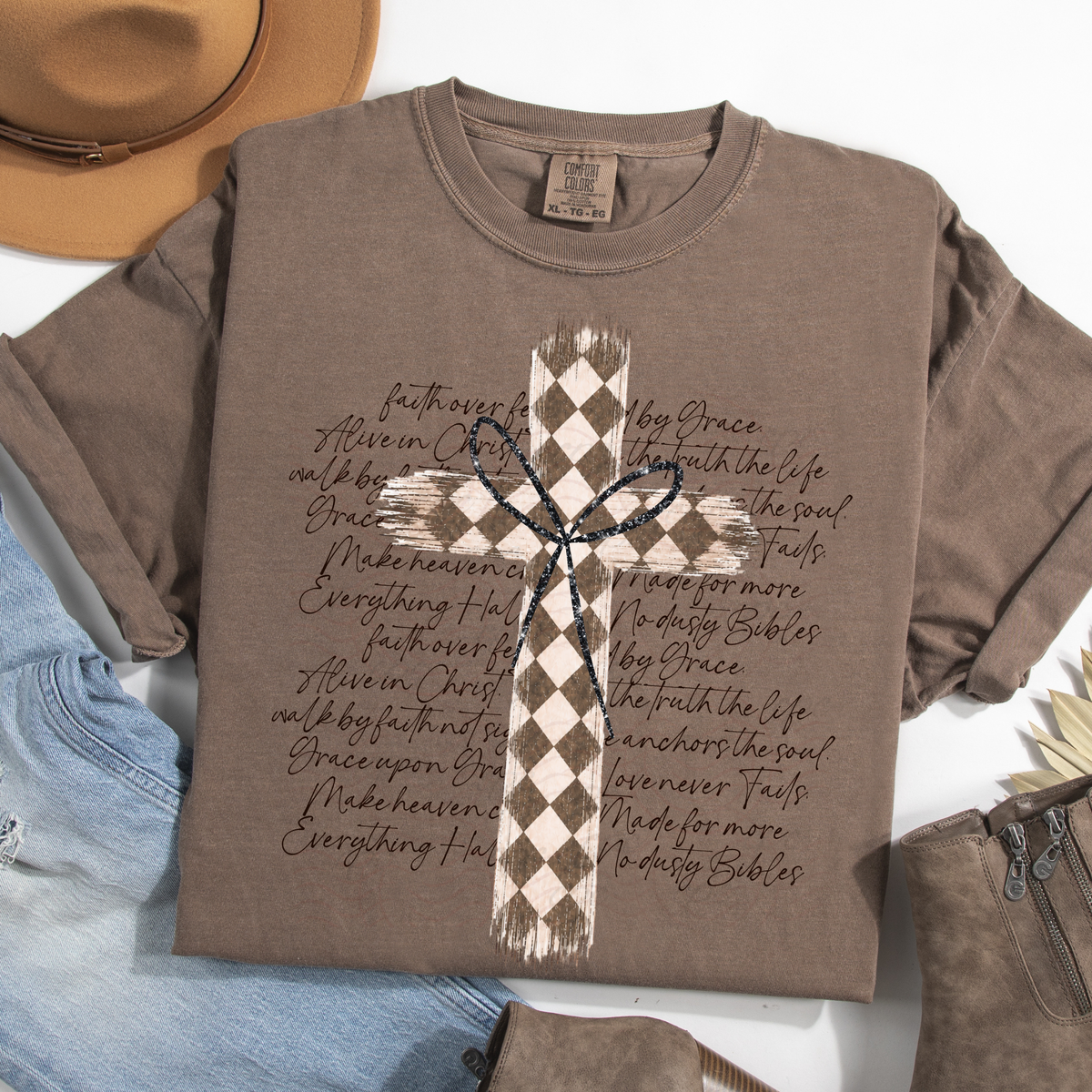 Checkered Bow Cross Faith Words