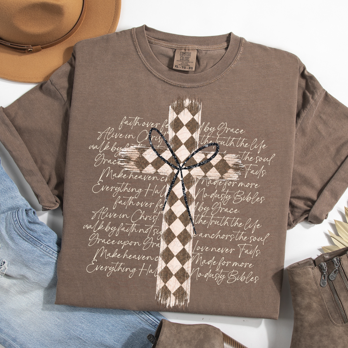 Checkered Bow Cross Faith Words