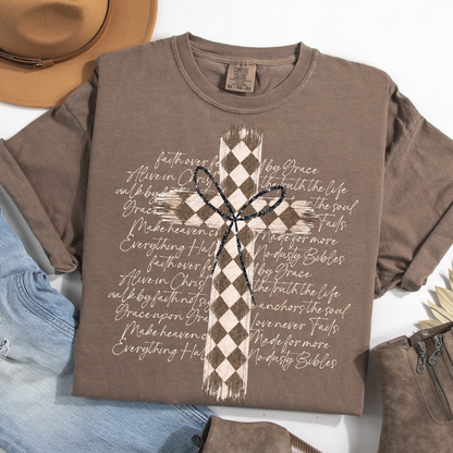 Checkered Bow Cross Faith Words