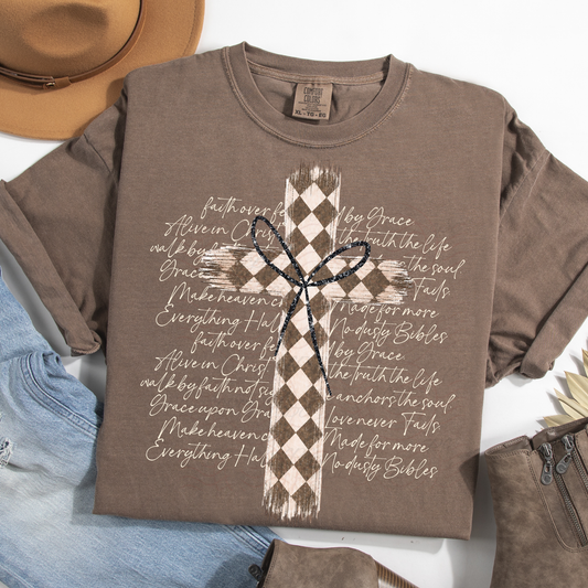 Checkered Bow Cross Faith Words