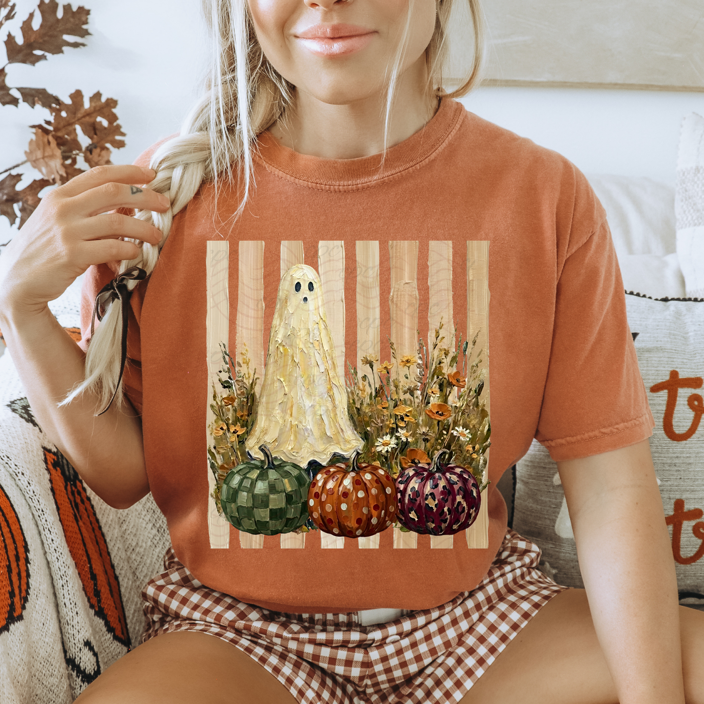 Cream Stripes Wildflower Ghost And Pumpkins