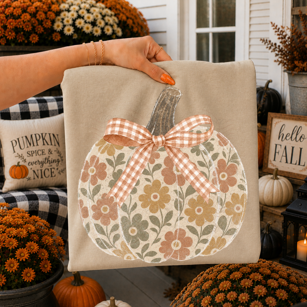Grunge Gingham Bow Floral Pumpkin