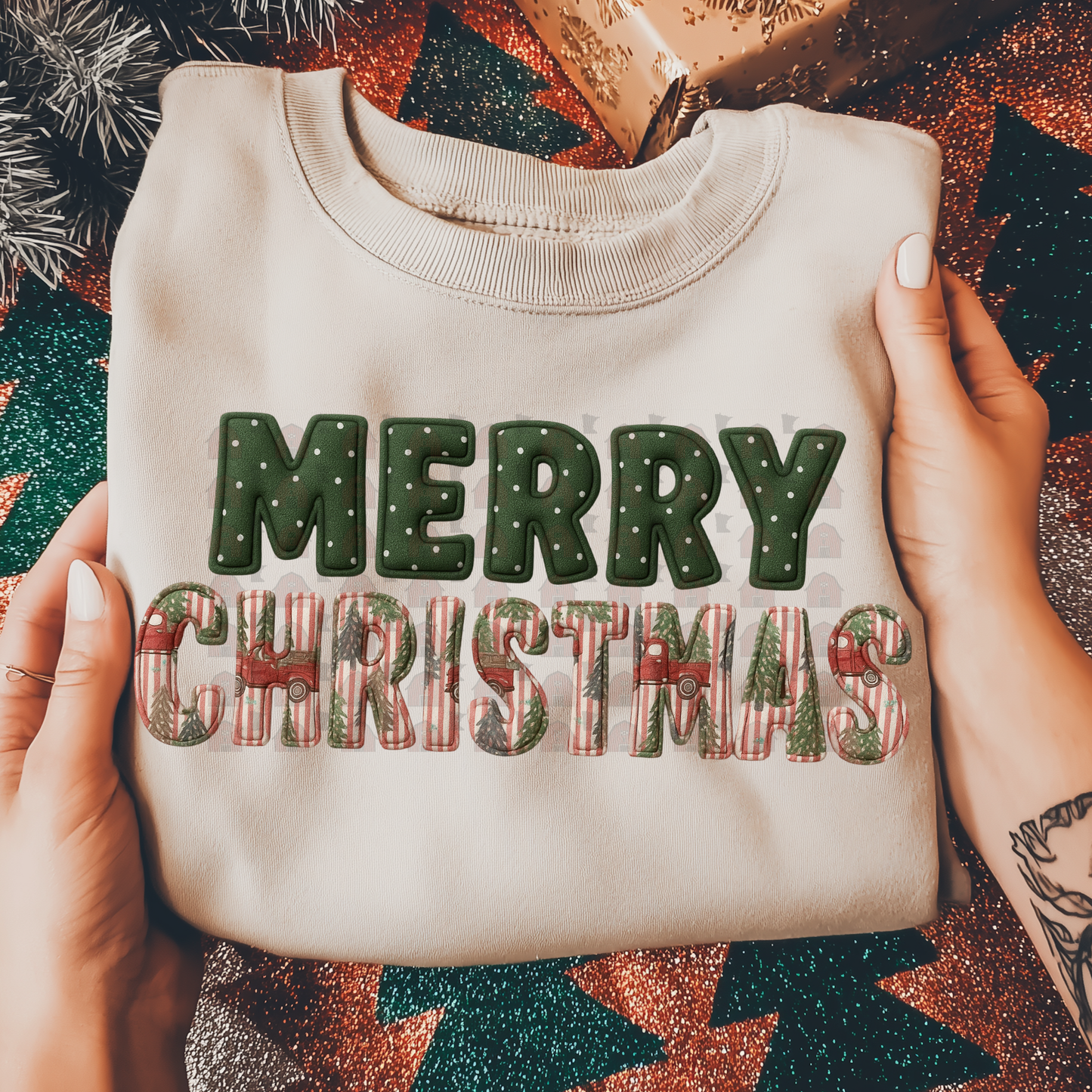 Merry Christmas Patchwork Stripes Trucks Dots