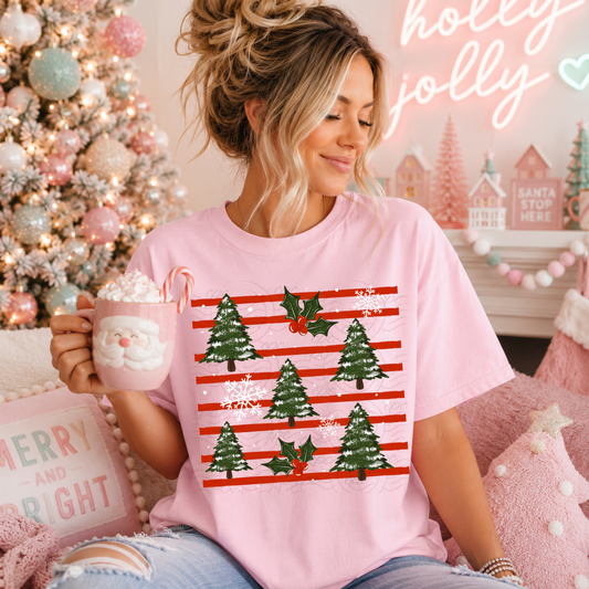 Stripes Christmas Trees And Holly