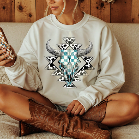 Aztec Teal Leopard Checkered Cow Skull