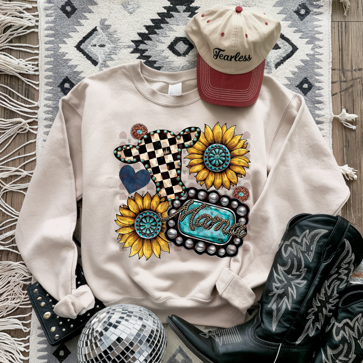 Turq Checkered Cow And Sunflowers