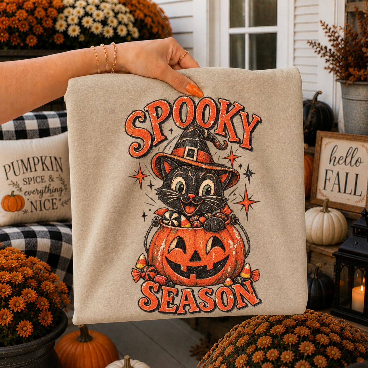 Vintage Cat In Pumpkin Bucket