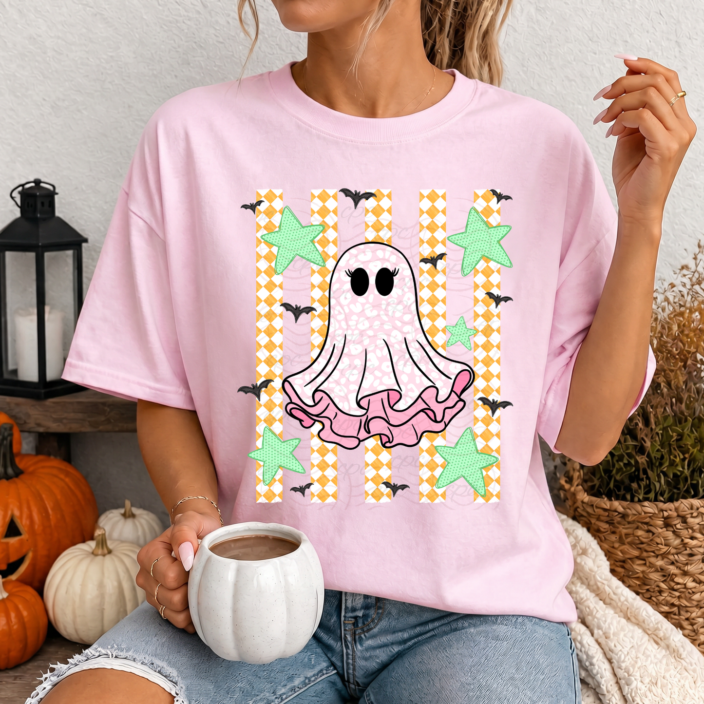 Yellow Check Stripes Cute Ghost